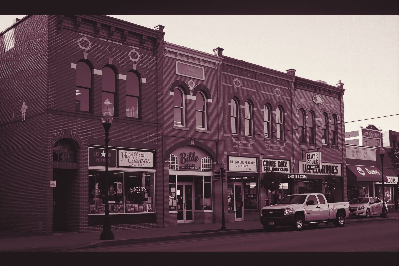 Restored brick commercial buildings on a small-town main street